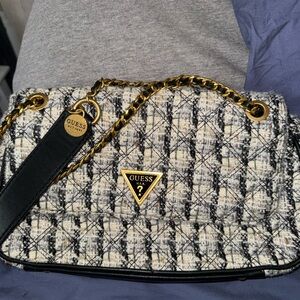 GUESS Tweed Shoulder Bag with Black and Cream Pattern